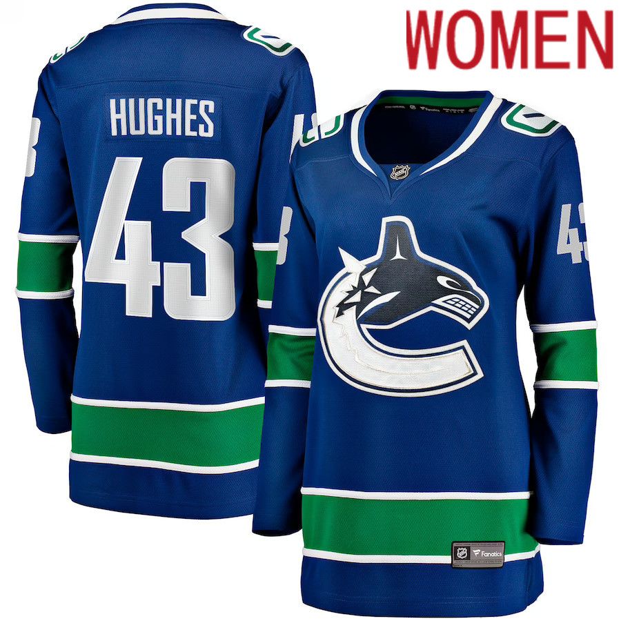 Women Vancouver Canucks #43 Quinn Hughes Fanatics Branded Blue Home Breakaway NHL Jersey